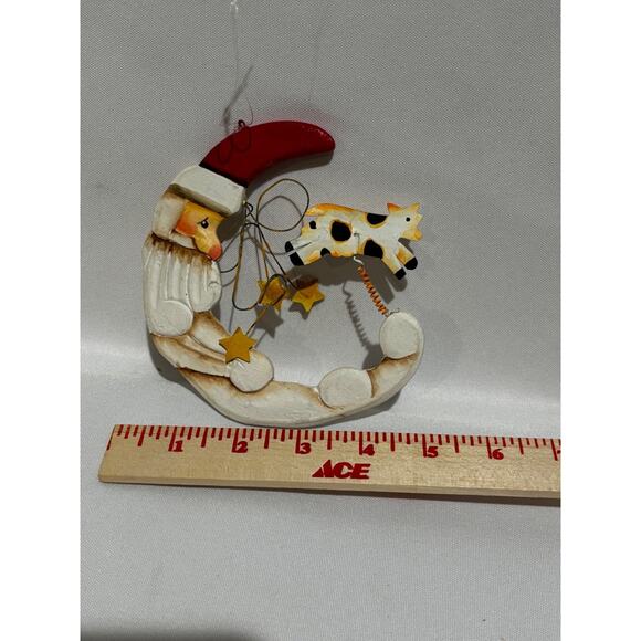 Vintage Santa Jumping Over the Moon Christmas Ornament Wood Country folk art - Picture 3 of 4
